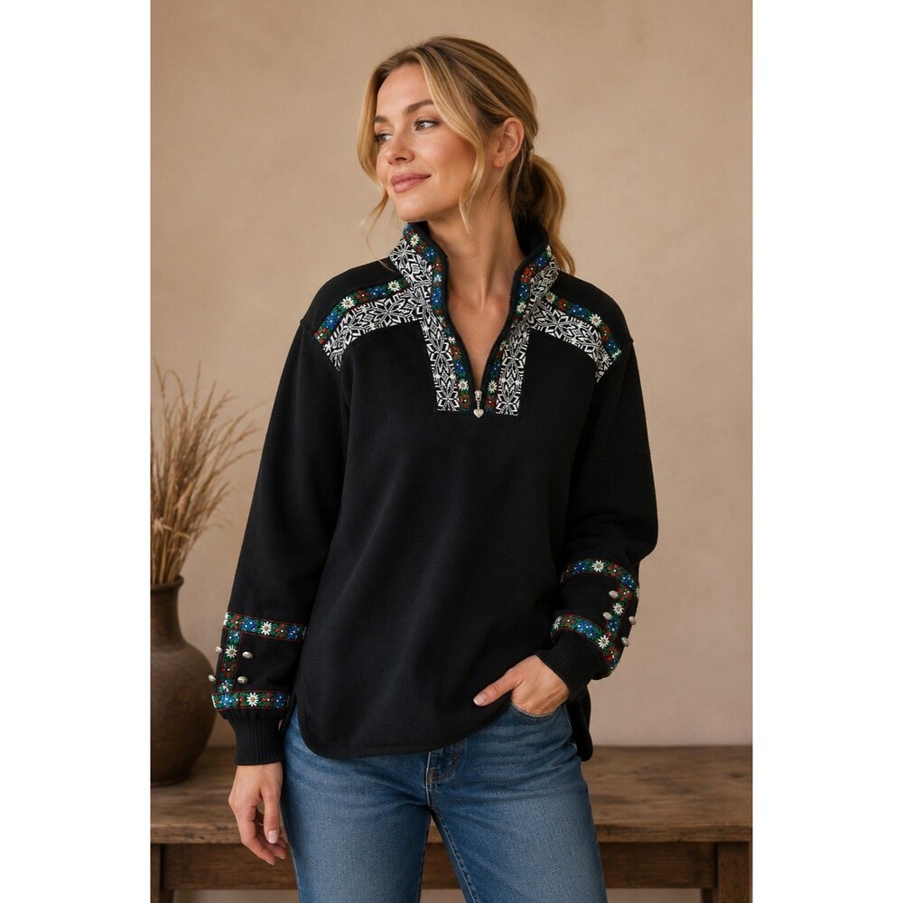 Vtg Obermeyer Black Fleece Nordic Alpine 1/4 Zip Pullover Womens Sz Medium